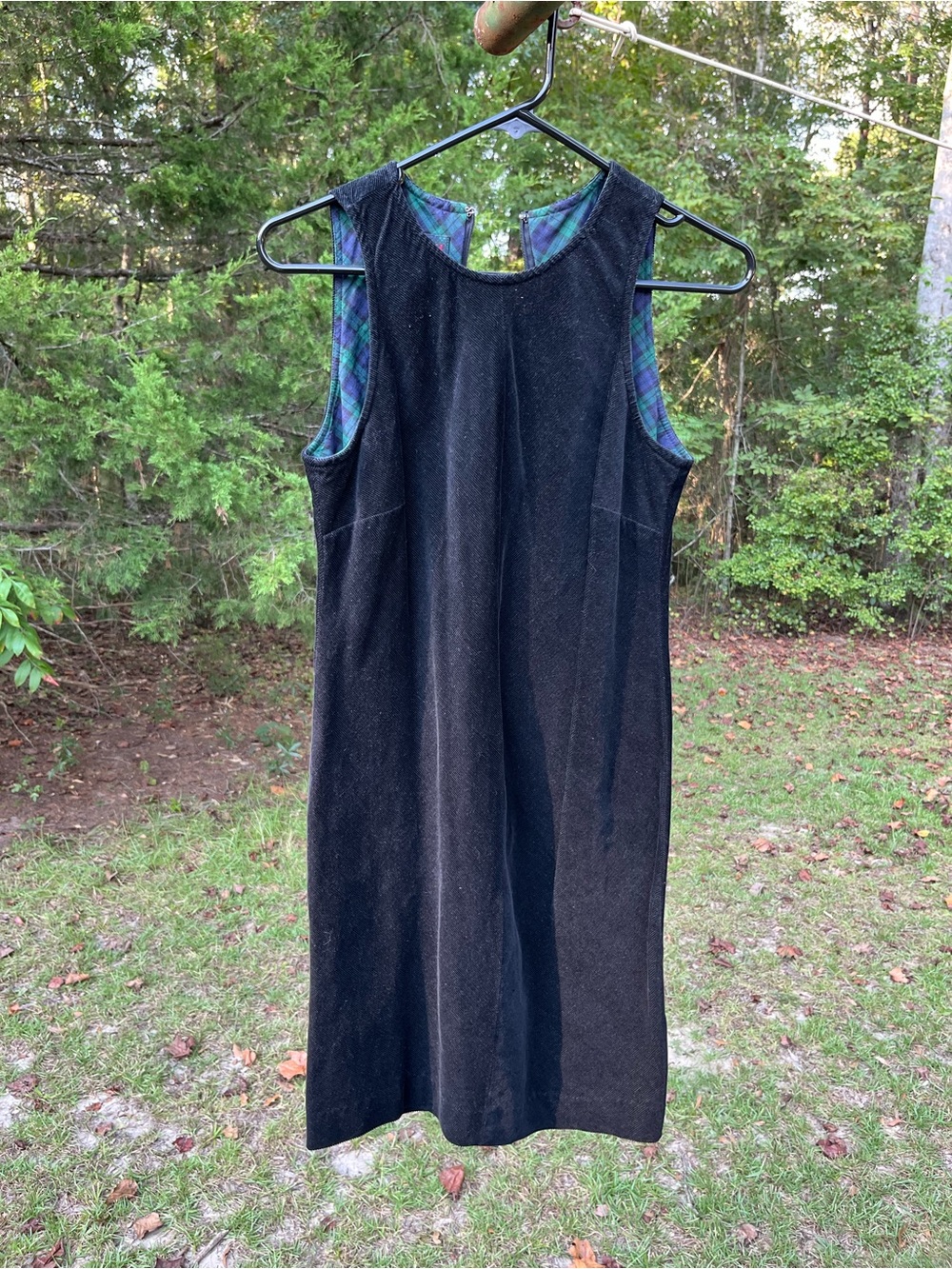 Ralph Lauren Black corduroy Sleeveless Mini Dress with Blue-Green Plaid Lining